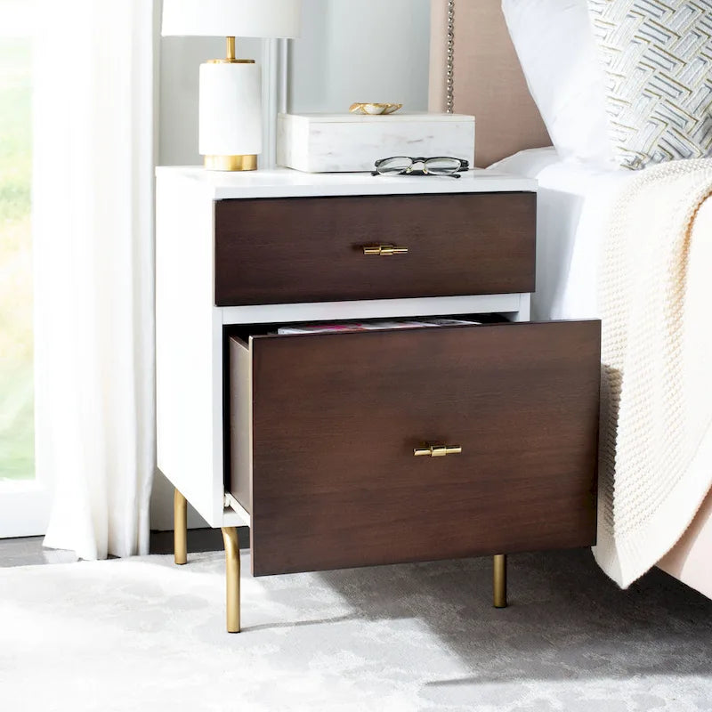 2-Drawer Nightstand with Walnut Finish and Gold Pulls