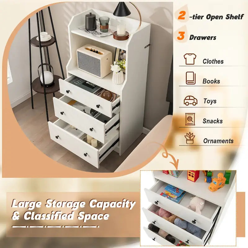 3-Drawer Dresser with Open Shelves, 44" Tall Wood Storage Chest