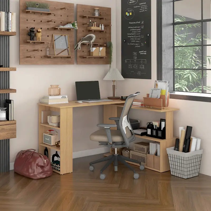 L-Shaped Corner Desk with Rotating Design and Storage Shelves