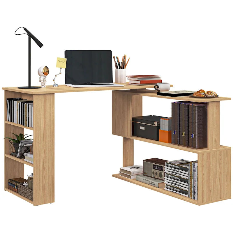 L-Shaped Corner Desk with Rotating Design and Storage Shelves