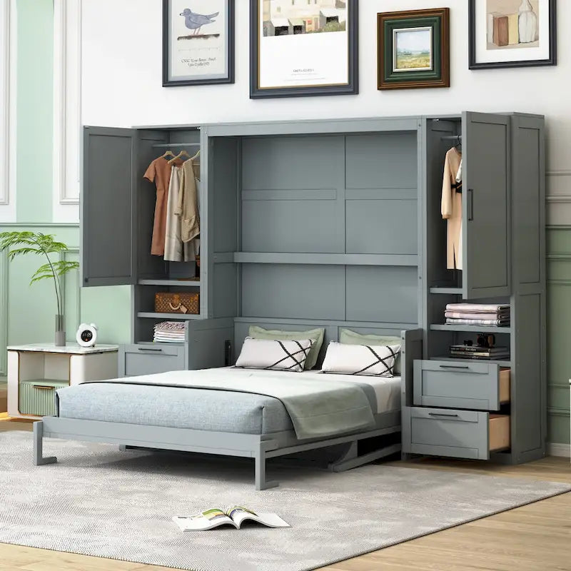 Letto a scomparsa matrimoniale da parete con armadio, cassetti e ripiani