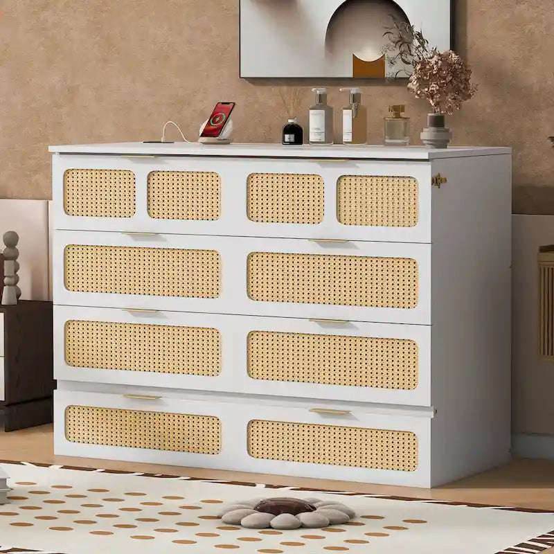 Murphy Bed with Rattan Pattern, Storage Drawers