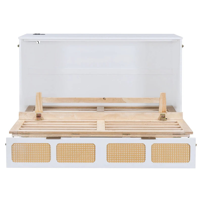 Murphy Bed with Rattan Pattern, Storage Drawers
