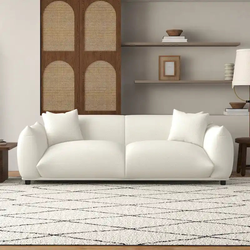 Mid-Century Modern Tight Pillow Back Boucle Couch in Cream