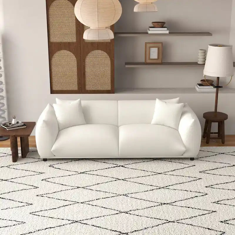 Mid-Century Modern Tight Pillow Back Boucle Couch in Cream