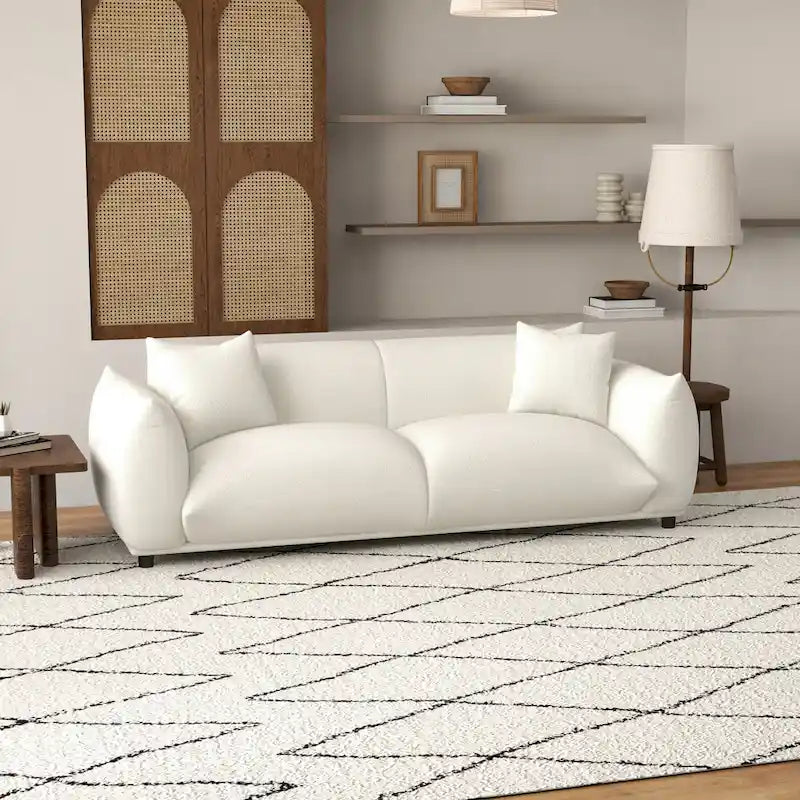 Mid-Century Modern Tight Pillow Back Boucle Couch in Cream