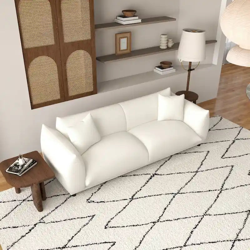 Mid-Century Modern Tight Pillow Back Boucle Couch in Cream