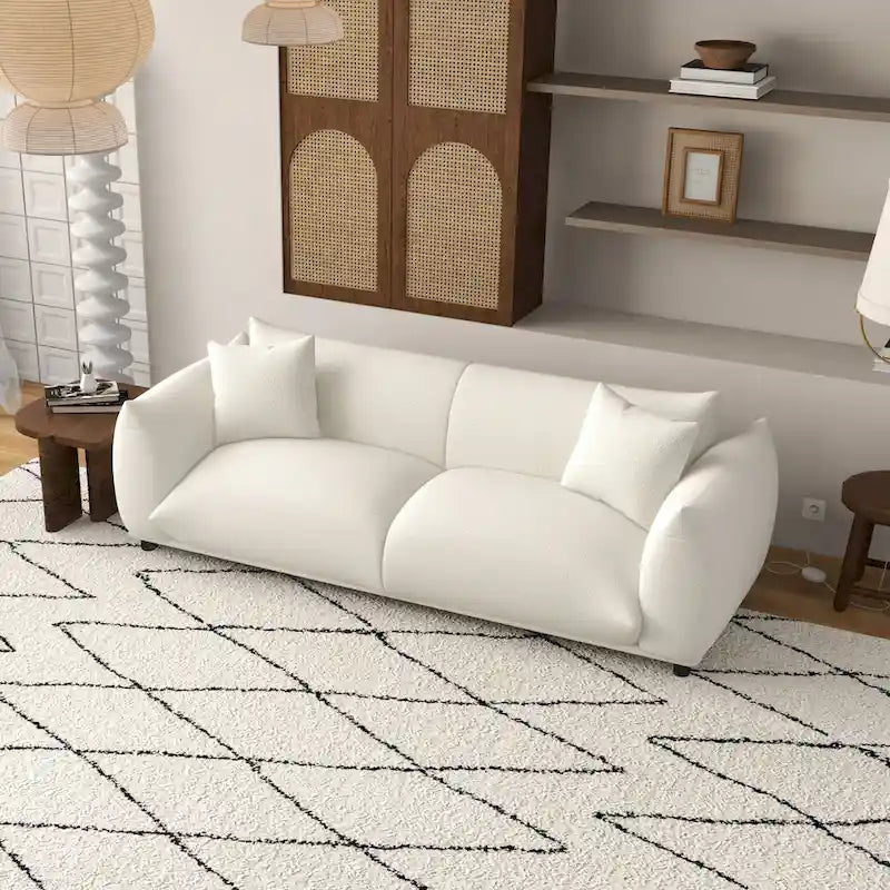 Mid-Century Modern Tight Pillow Back Boucle Couch in Cream