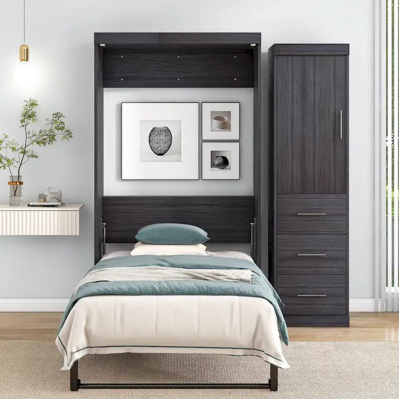 Full Size Murphy Wall Bed with Wardrobe and Drawers