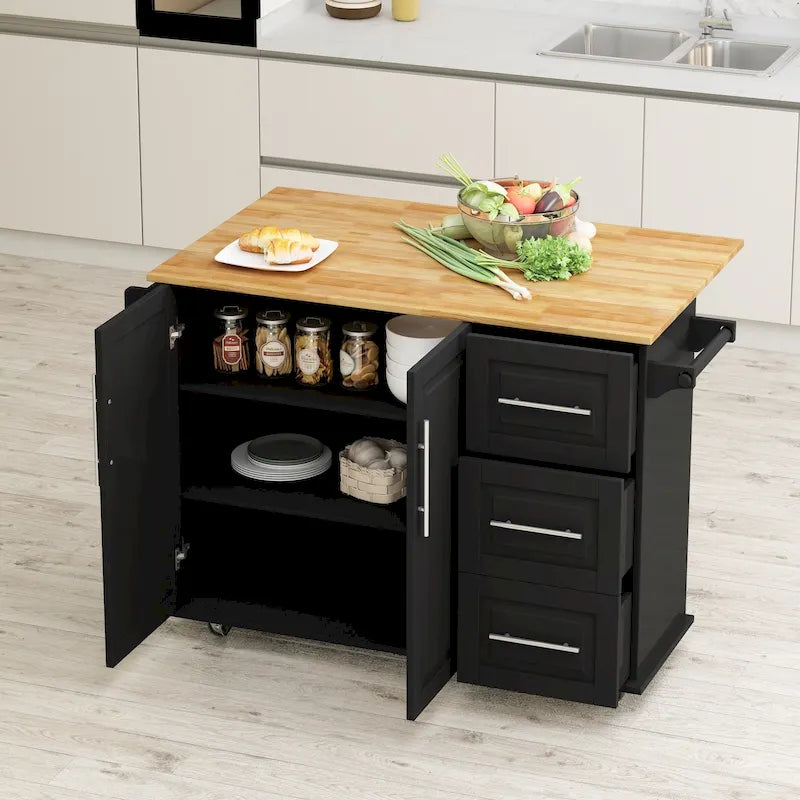 Kitchen Island Cart with Cabinet and Three Drawers