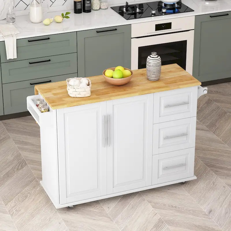Kitchen Island Cart with Cabinet and Three Drawers