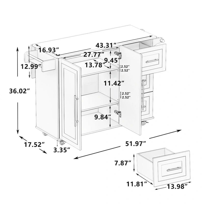 Kitchen Island Cart with Cabinet and Three Drawers