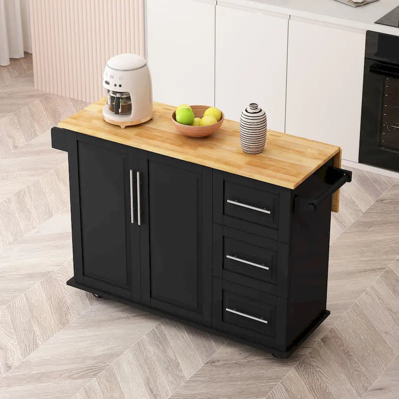 Kitchen Island Cart with Cabinet and Three Drawers