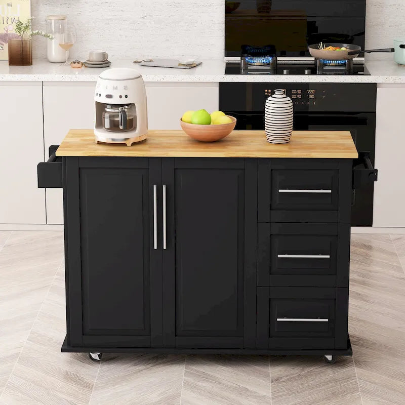 Kitchen Island Cart with Cabinet and Three Drawers