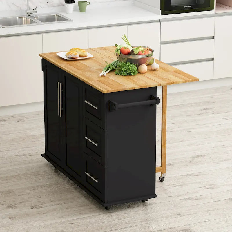 Kitchen Island Cart with Cabinet and Three Drawers