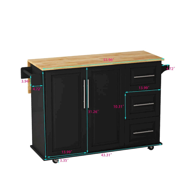 Kitchen Island Cart with Cabinet and Three Drawers