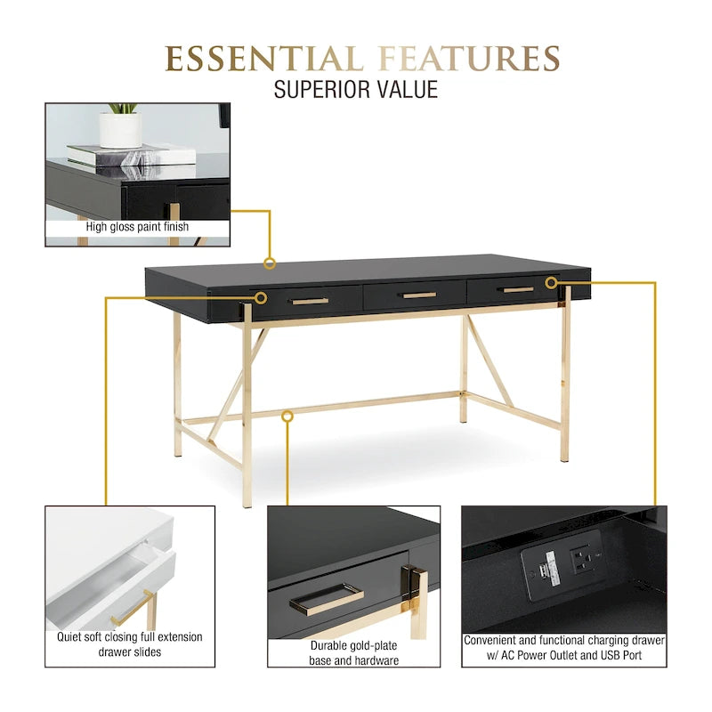 High-Gloss Writing Desk with Storage Drawers