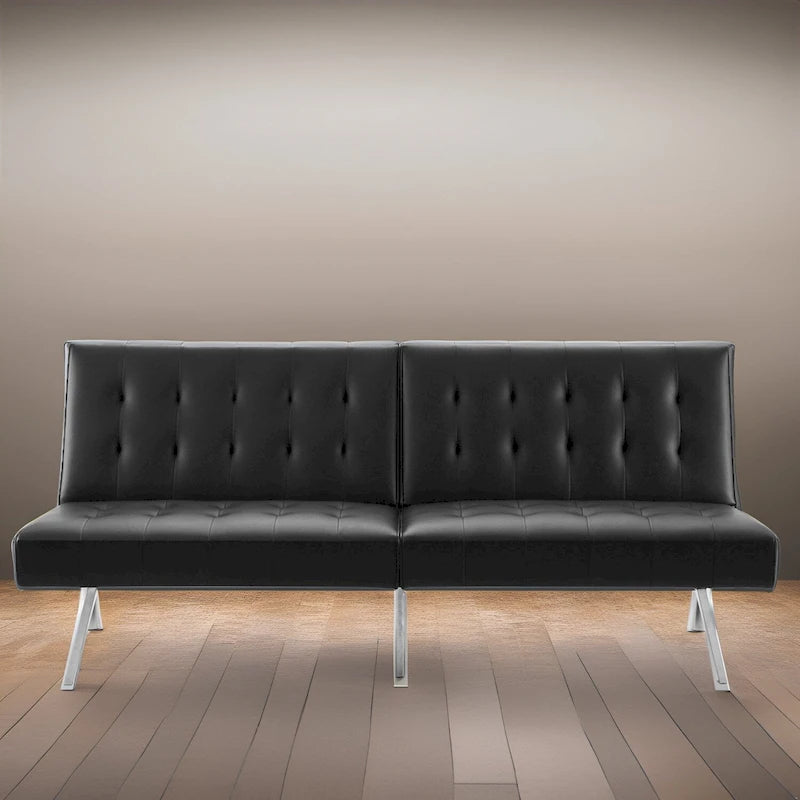 Split Back Futon Sofa Bed with Tufted Upholstery and Chrome Legs