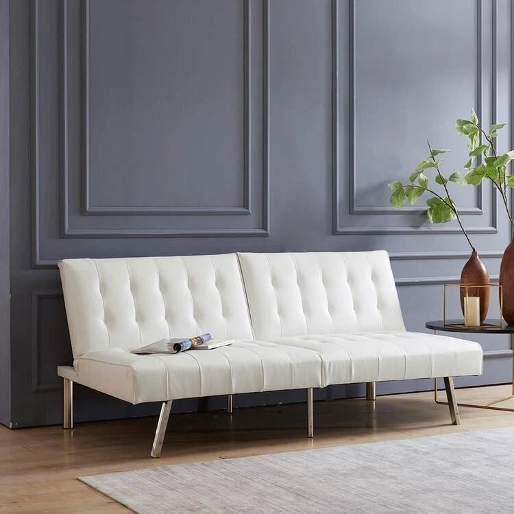 Split Back Futon Sofa Bed with Tufted Upholstery and Chrome Legs