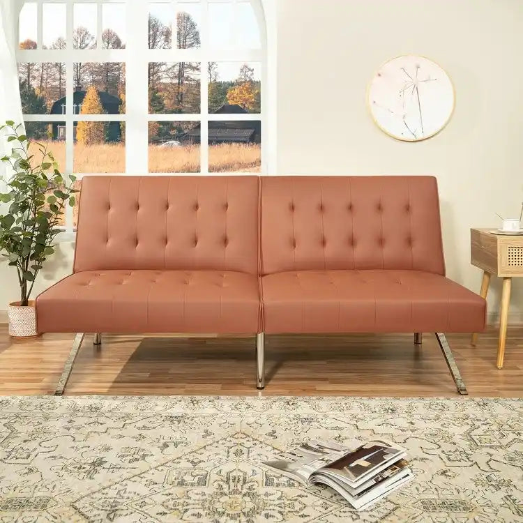 Split Back Futon Sofa Bed with Tufted Upholstery and Chrome Legs