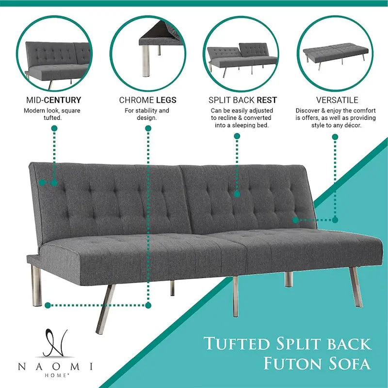 Split Back Futon Sofa Bed with Tufted Upholstery and Chrome Legs