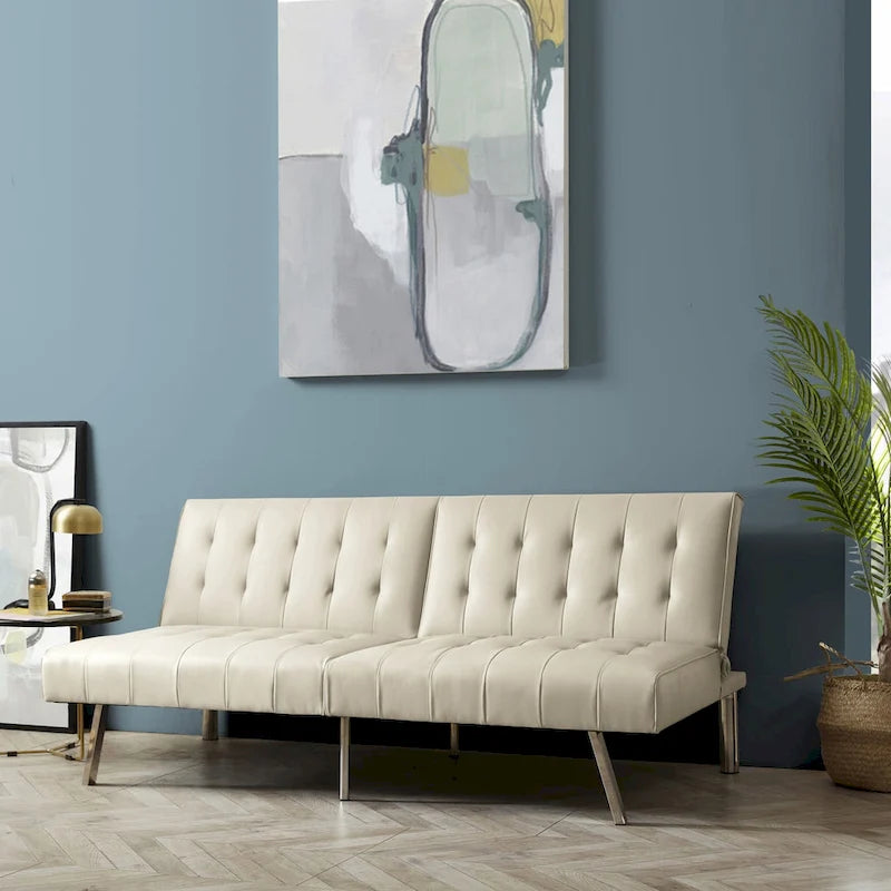 Split Back Futon Sofa Bed with Tufted Upholstery and Chrome Legs