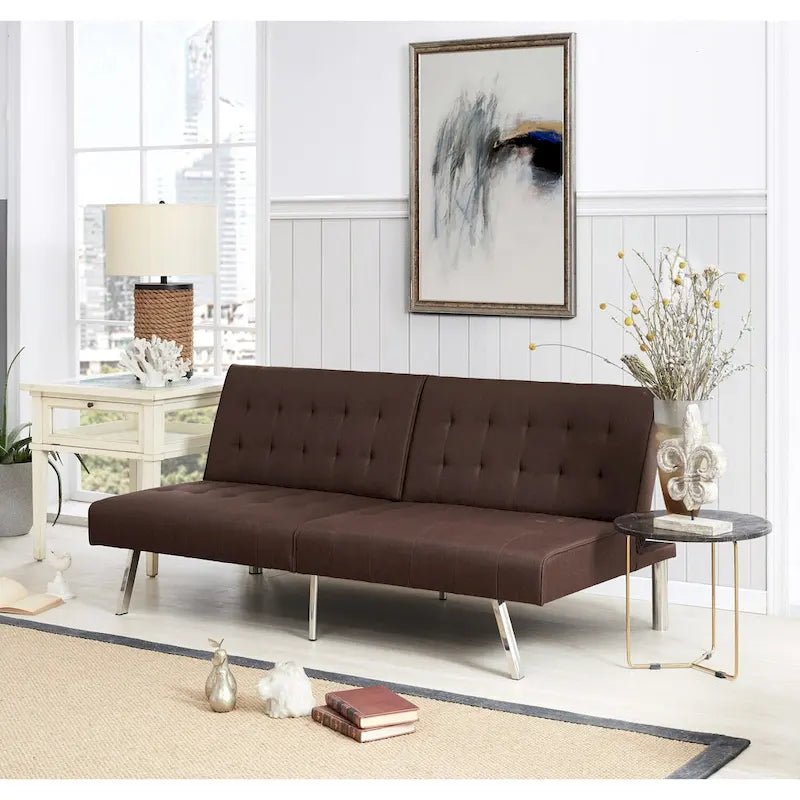 Split Back Futon Sofa Bed with Tufted Upholstery and Chrome Legs