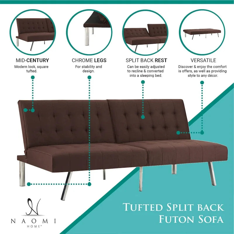 Split Back Futon Sofa Bed with Tufted Upholstery and Chrome Legs