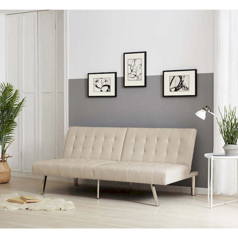 Split Back Futon Sofa Bed with Tufted Upholstery and Chrome Legs