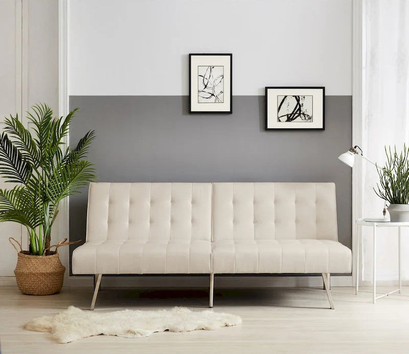Split Back Futon Sofa Bed with Tufted Upholstery and Chrome Legs
