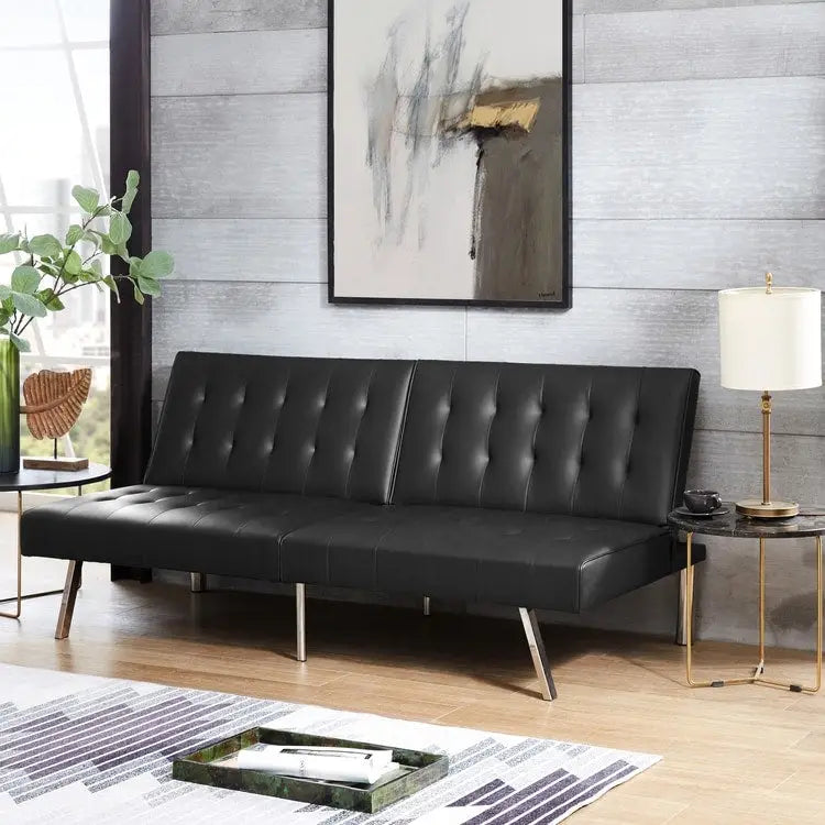 Split Back Futon Sofa Bed with Tufted Upholstery and Chrome Legs