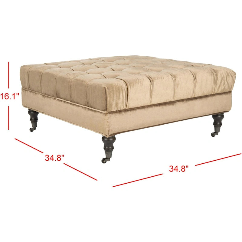 Pouf cocktail con bottoni trapuntati e gambe in legno