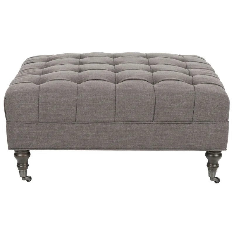 Button-Tufted Cocktail Ottoman with Wooden Legs
