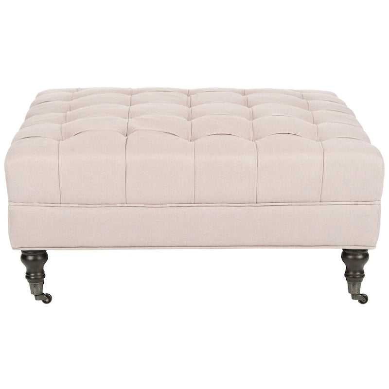 Button-Tufted Cocktail Ottoman with Wooden Legs