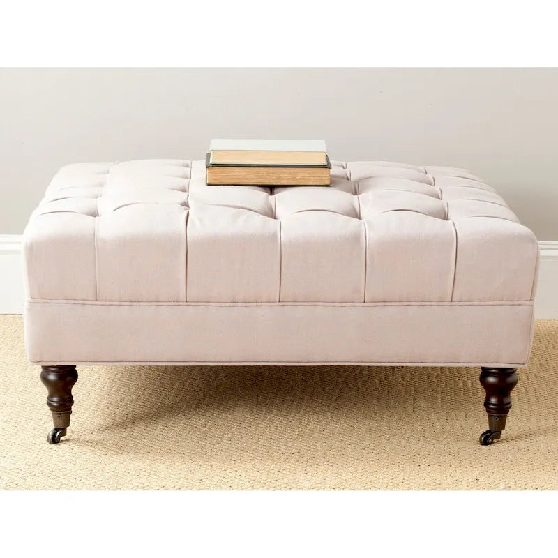 Button-Tufted Cocktail Ottoman with Wooden Legs