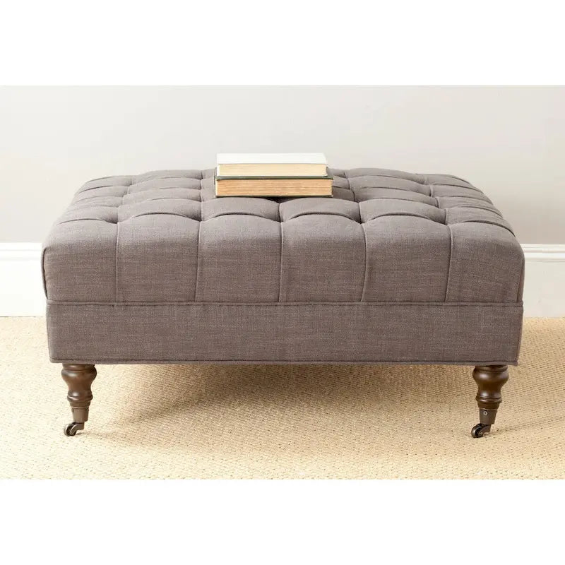Button-Tufted Cocktail Ottoman with Wooden Legs