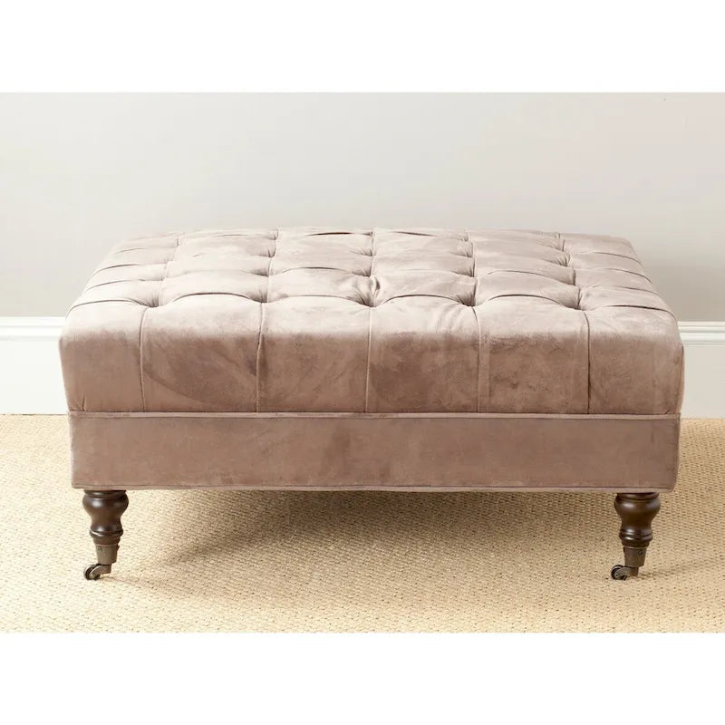 Button-Tufted Cocktail Ottoman with Wooden Legs