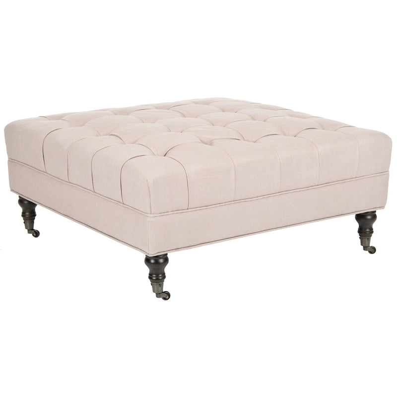 Pouf cocktail con bottoni trapuntati e gambe in legno