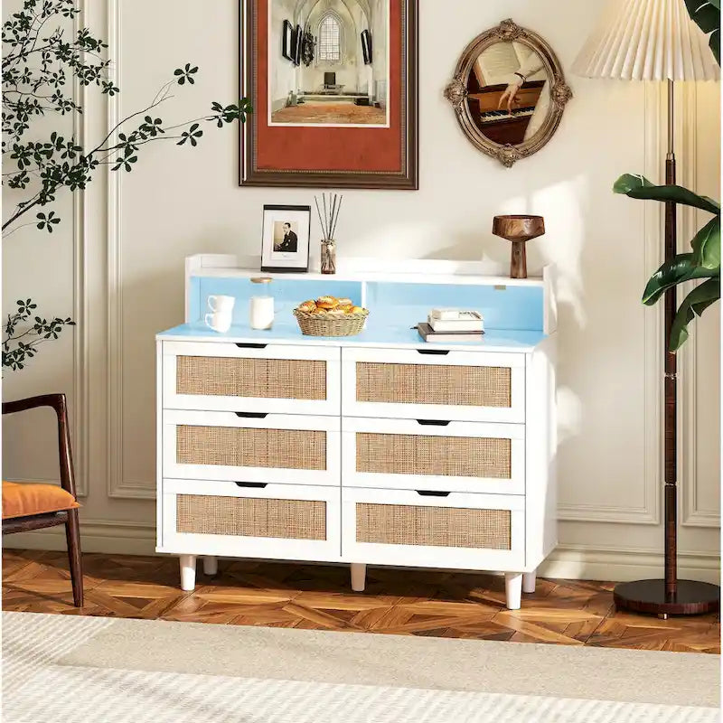6-Drawer Rattan Storage Cabinet with LED Lights and Power Outlet, 43.31" Height