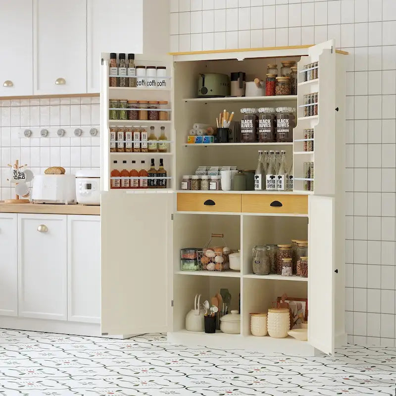 Freestanding Kitchen Pantry Cabinet with 2 Drawers, 2 Adjustable Shelves & 8 Door Shelves, 40.2x20x71.3 Inch