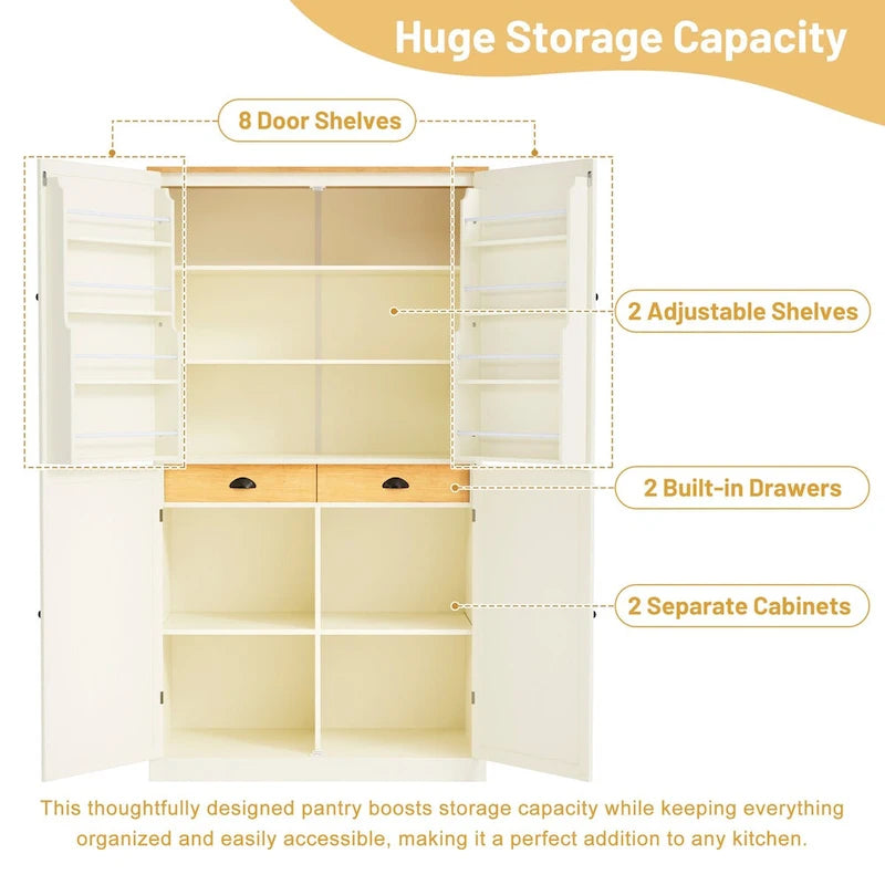 Freestanding Kitchen Pantry Cabinet with 2 Drawers, 2 Adjustable Shelves & 8 Door Shelves, 40.2x20x71.3 Inch