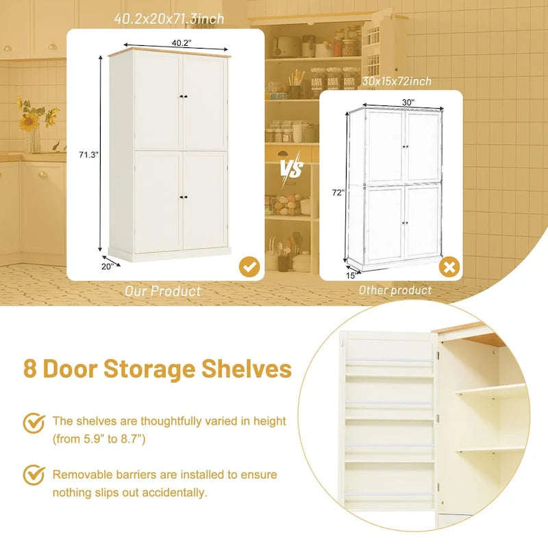 Freestanding Kitchen Pantry Cabinet with 2 Drawers, 2 Adjustable Shelves & 8 Door Shelves, 40.2x20x71.3 Inch