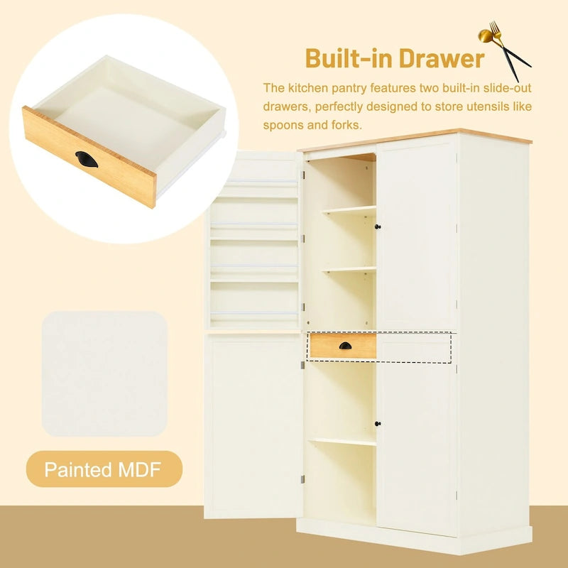Freestanding Kitchen Pantry Cabinet with 2 Drawers, 2 Adjustable Shelves & 8 Door Shelves, 40.2x20x71.3 Inch
