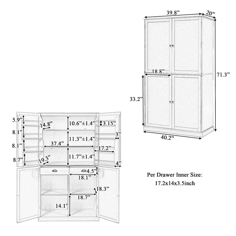 Freestanding Kitchen Pantry Cabinet with 2 Drawers, 2 Adjustable Shelves & 8 Door Shelves, 40.2x20x71.3 Inch