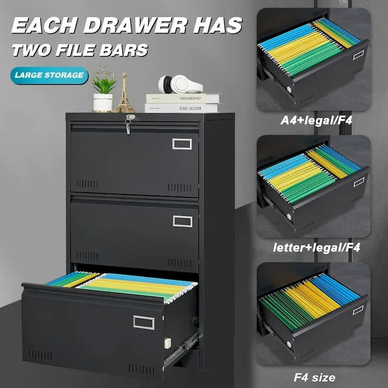 3-Drawer Metal Lateral File Cabinet with Lock
