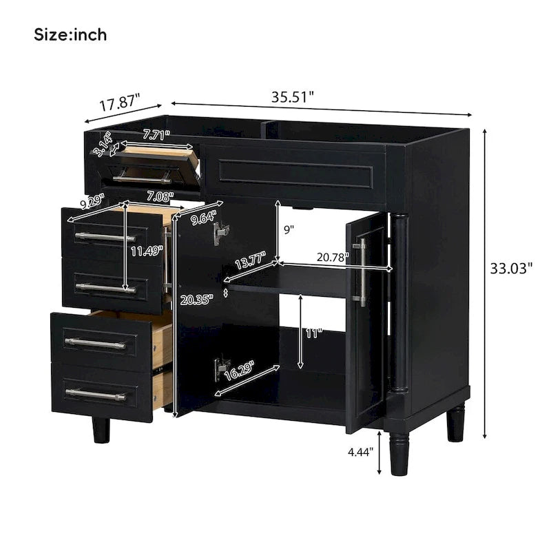 36-Inch Bathroom Vanity Cabinet with Drawers and Adjustable Shelf, No Sink