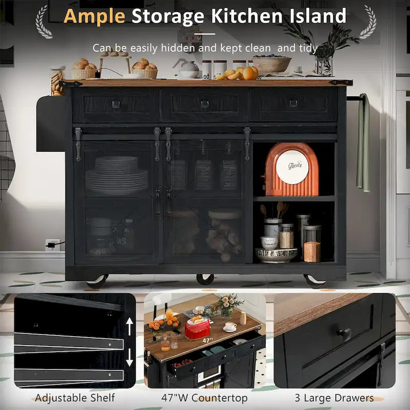 53.7" Farmhouse Kitchen Island with Power Outlet