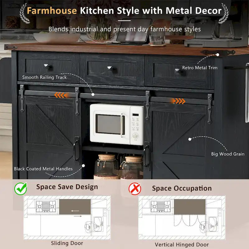 53.7" Farmhouse Kitchen Island with Power Outlet