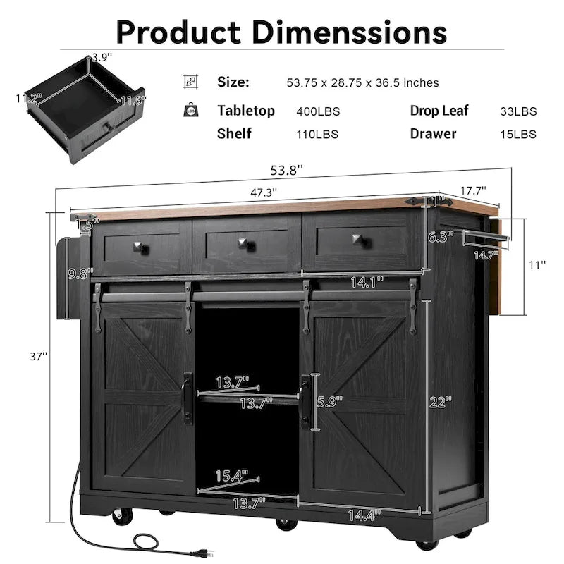 53.7" Farmhouse Kitchen Island with Power Outlet