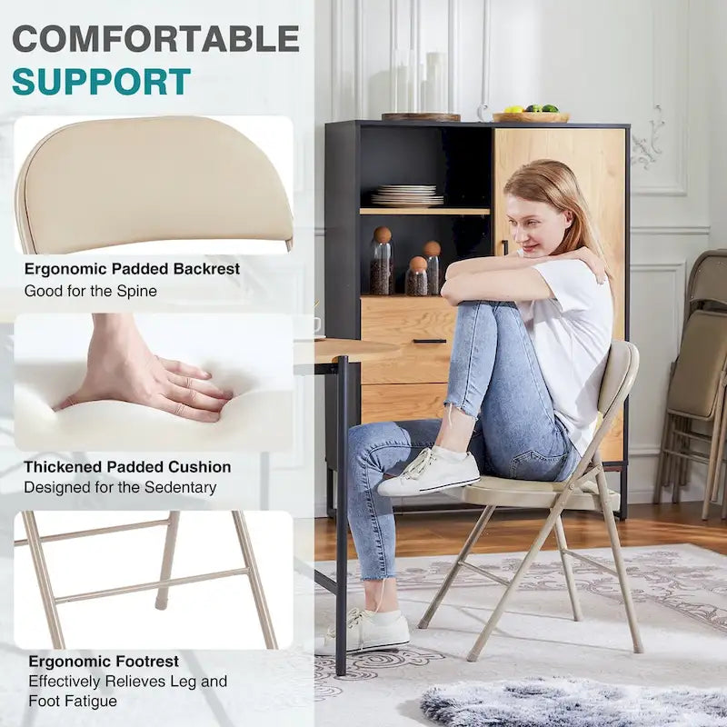 Padded Folding Chairs Set of 2, PU Leather Metal Frame Foldable Chairs for Home, Office & Events